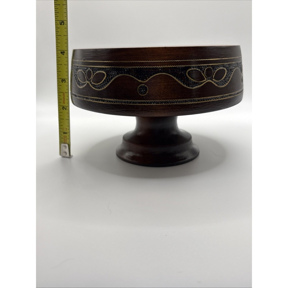 Hand Carved Wooden Pedistal Bowl With Metal Inlay - Picture 7 of 7